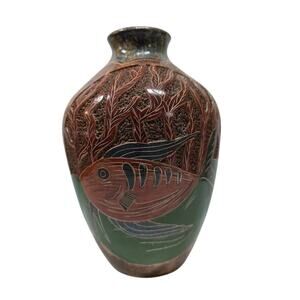 Hand Incised etched Vase Fish Turtle Clay pottery signed Cristina Amador